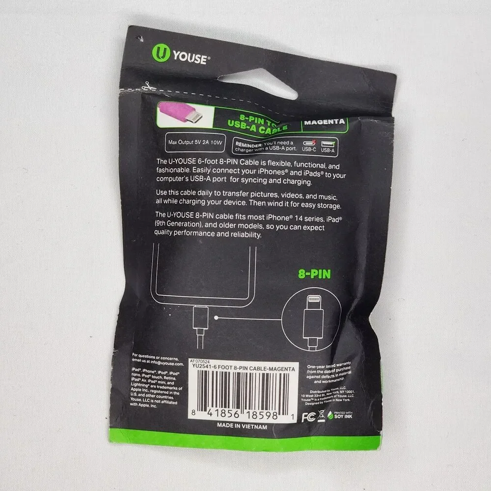 U Youse 10 Ft. 8 Pin to USB A Cable - Pink
